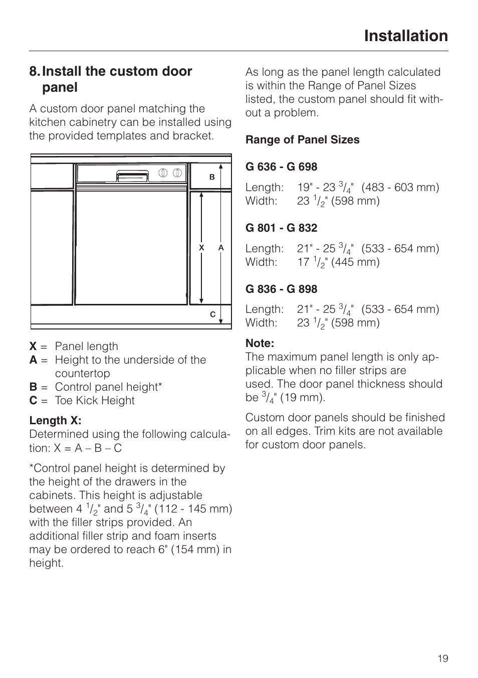 Install the custom door panel, Installation | Miele HG02 User Manual | Page 19 / 40