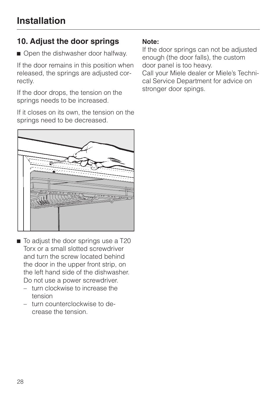 Adjust the door springs, Installation | Miele HG02 User Manual | Page 28 / 40