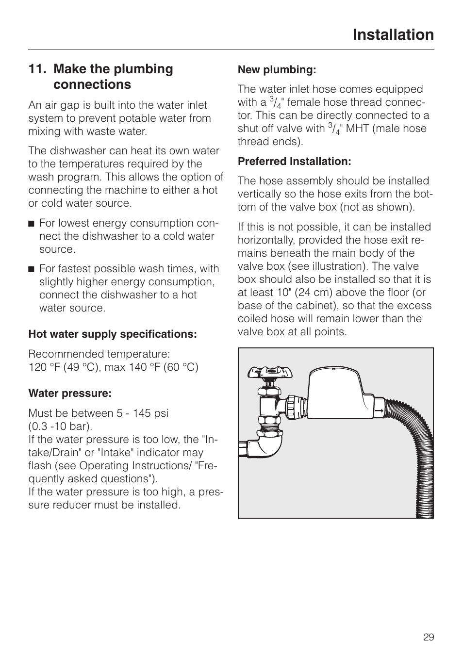 Make the plumbing connections, Installation | Miele HG02 User Manual | Page 29 / 40