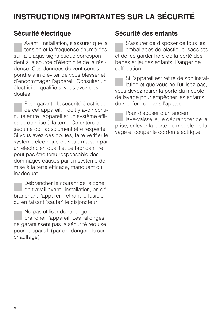 Instructions importantes sur la sécurité, Sécurité électrique, Sécurité des enfants | Miele HG02 User Manual | Page 6 / 40