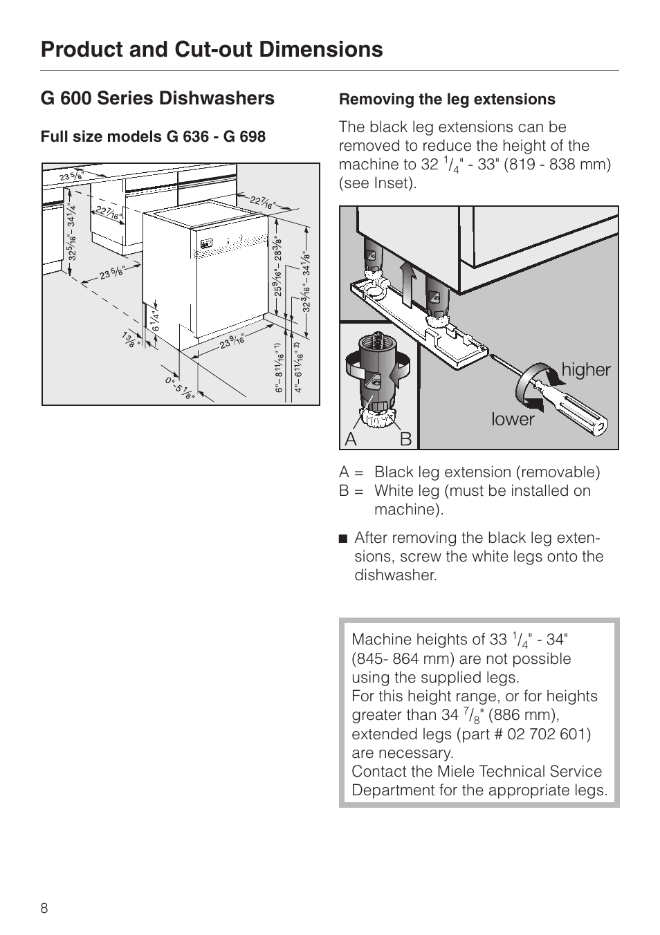 Product and cut-out dimensions, G 600 series dishwashers | Miele HG02 User Manual | Page 8 / 40