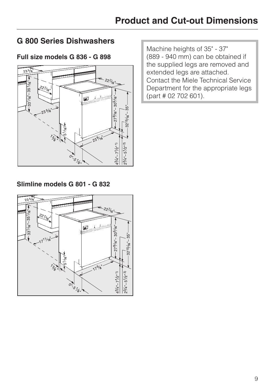 Product and cut-out dimensions | Miele HG02 User Manual | Page 9 / 40