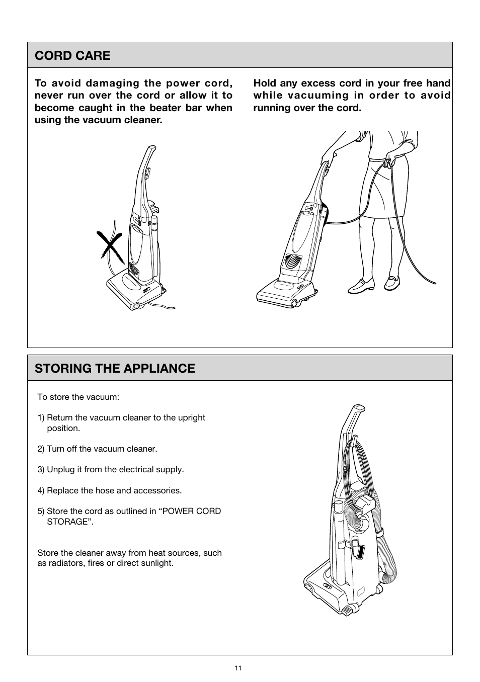 Storing the appliance, Cord care | Miele S183 User Manual | Page 11 / 12