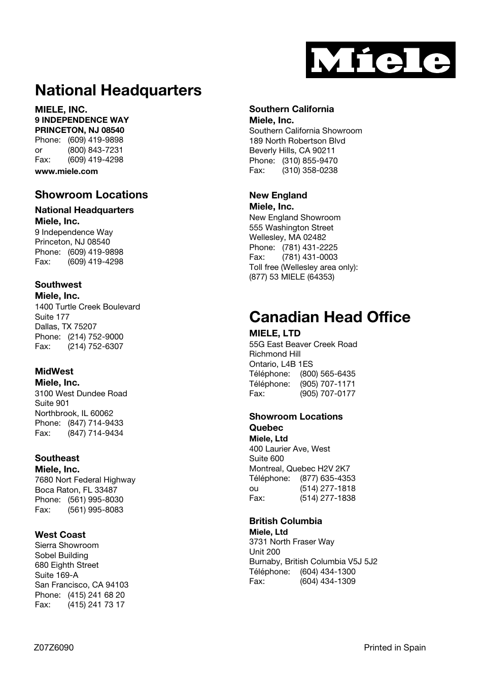 National headquarters, Canadian head office, Showroom locations | Miele S183 User Manual | Page 12 / 12