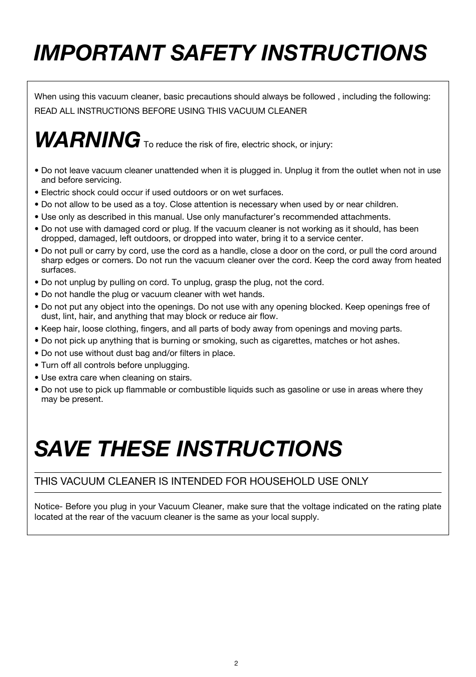 Warning, Save these instructions, Important safety instructions | Miele S183 User Manual | Page 2 / 12