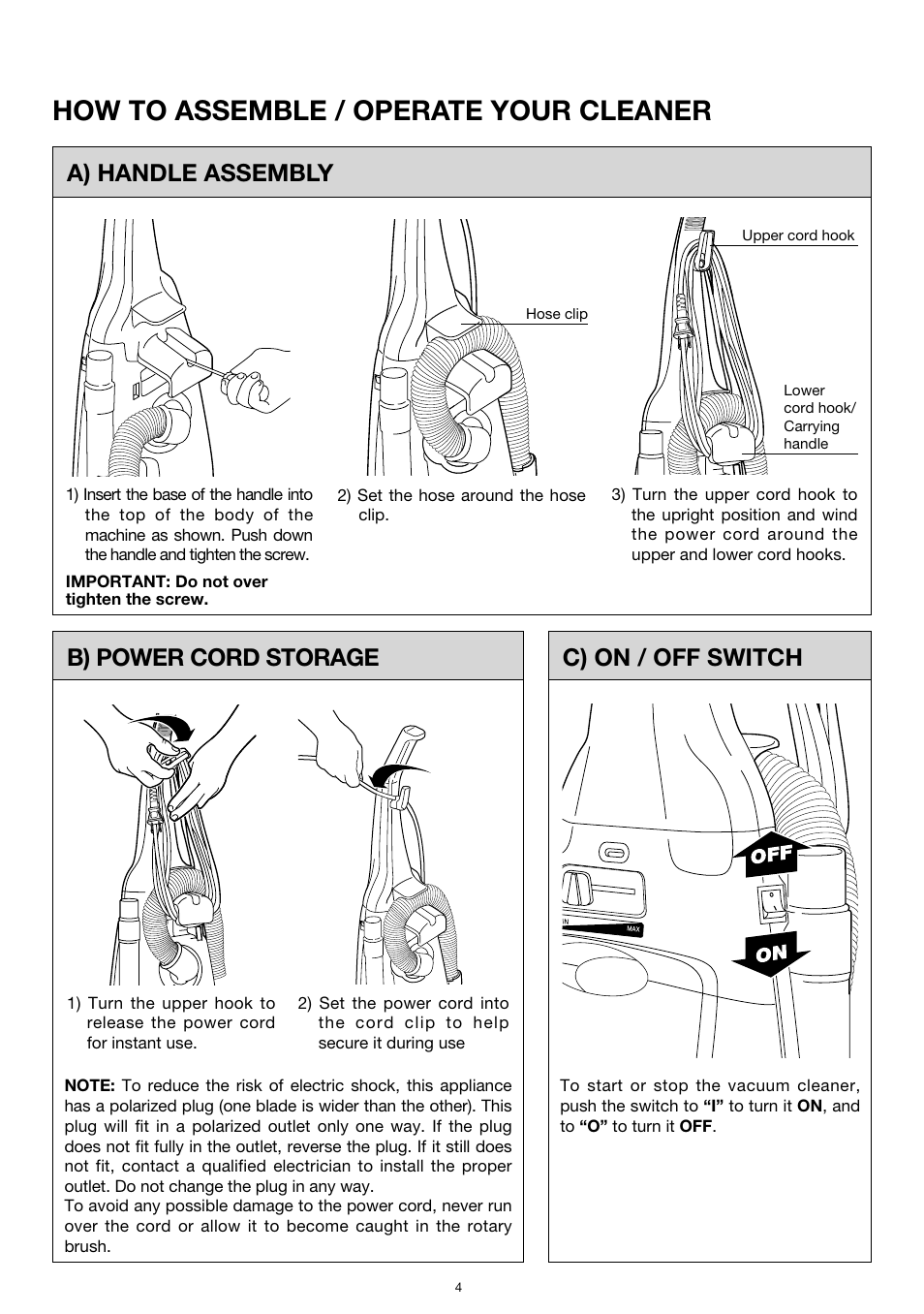 How to assemble / operate your cleaner, A) handle assembly, C) on / off switch | B) power cord storage | Miele S183 User Manual | Page 4 / 12