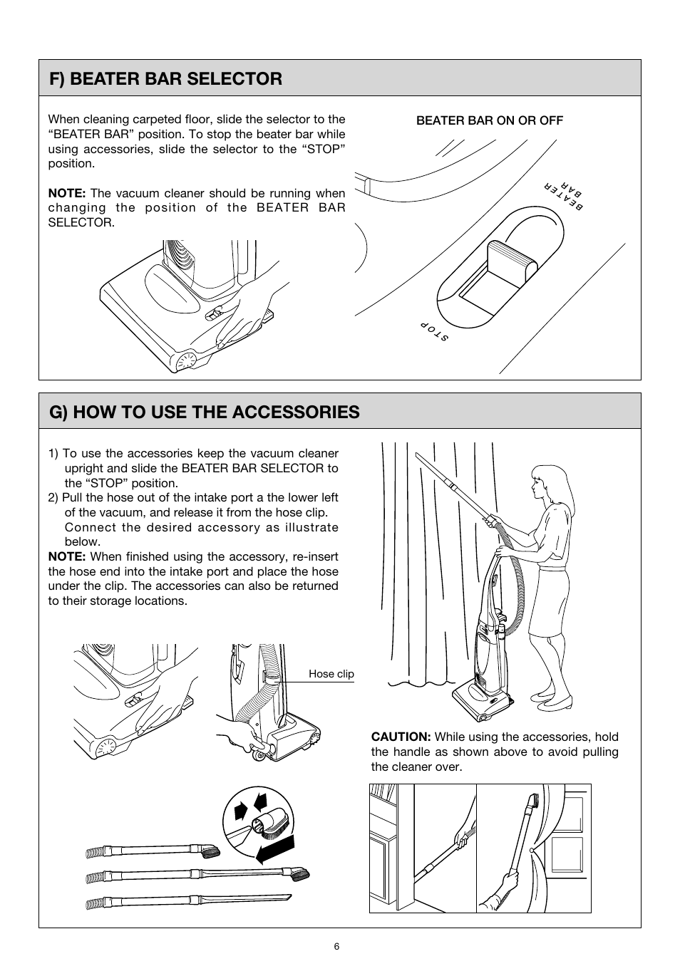 F) beater bar selector, G) how to use the accessories | Miele S183 User Manual | Page 6 / 12