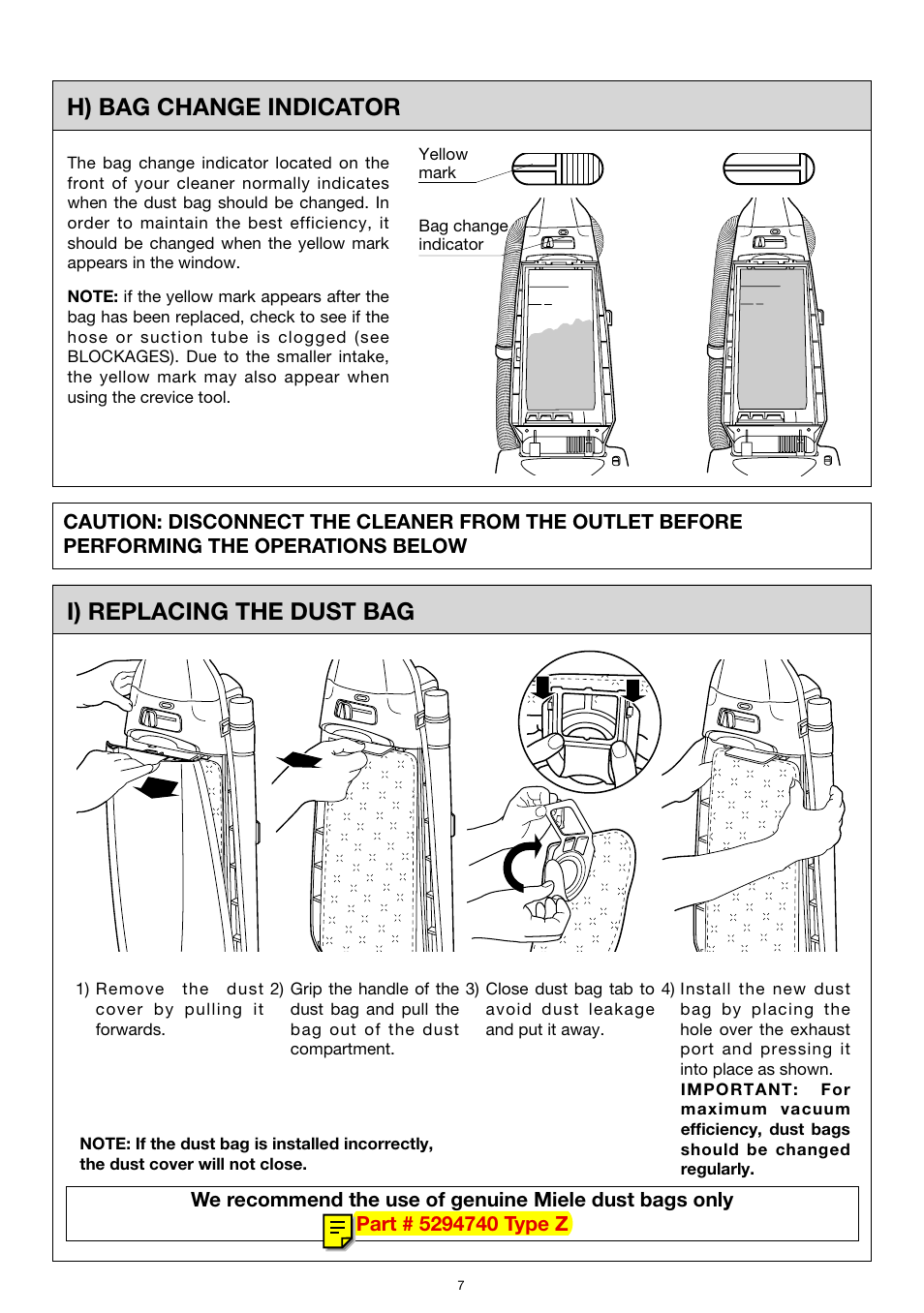 I) replacing the dust bag h) bag change indicator | Miele S183 User Manual | Page 7 / 12