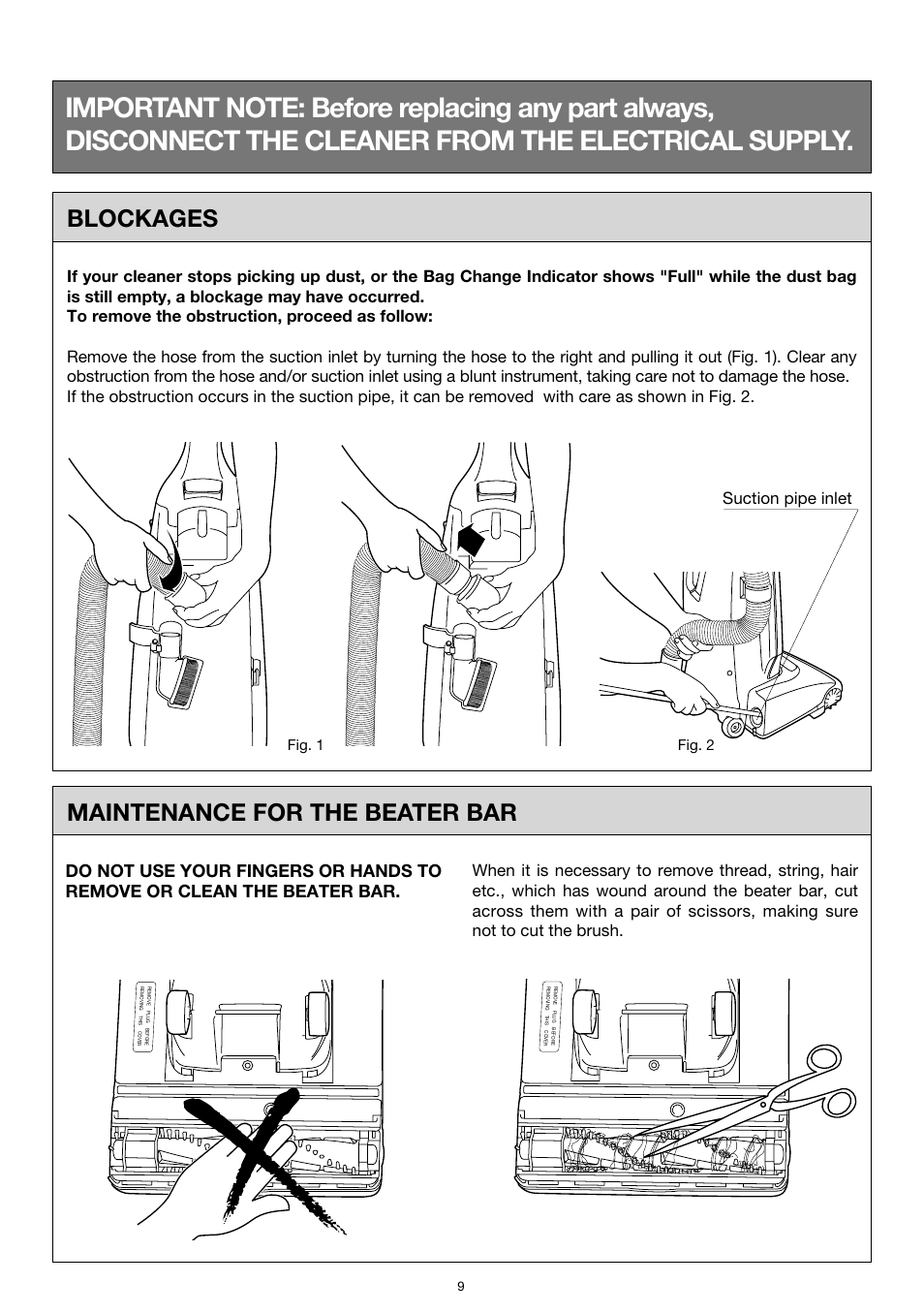 Maintenance for the beater bar blockages | Miele S183 User Manual | Page 9 / 12