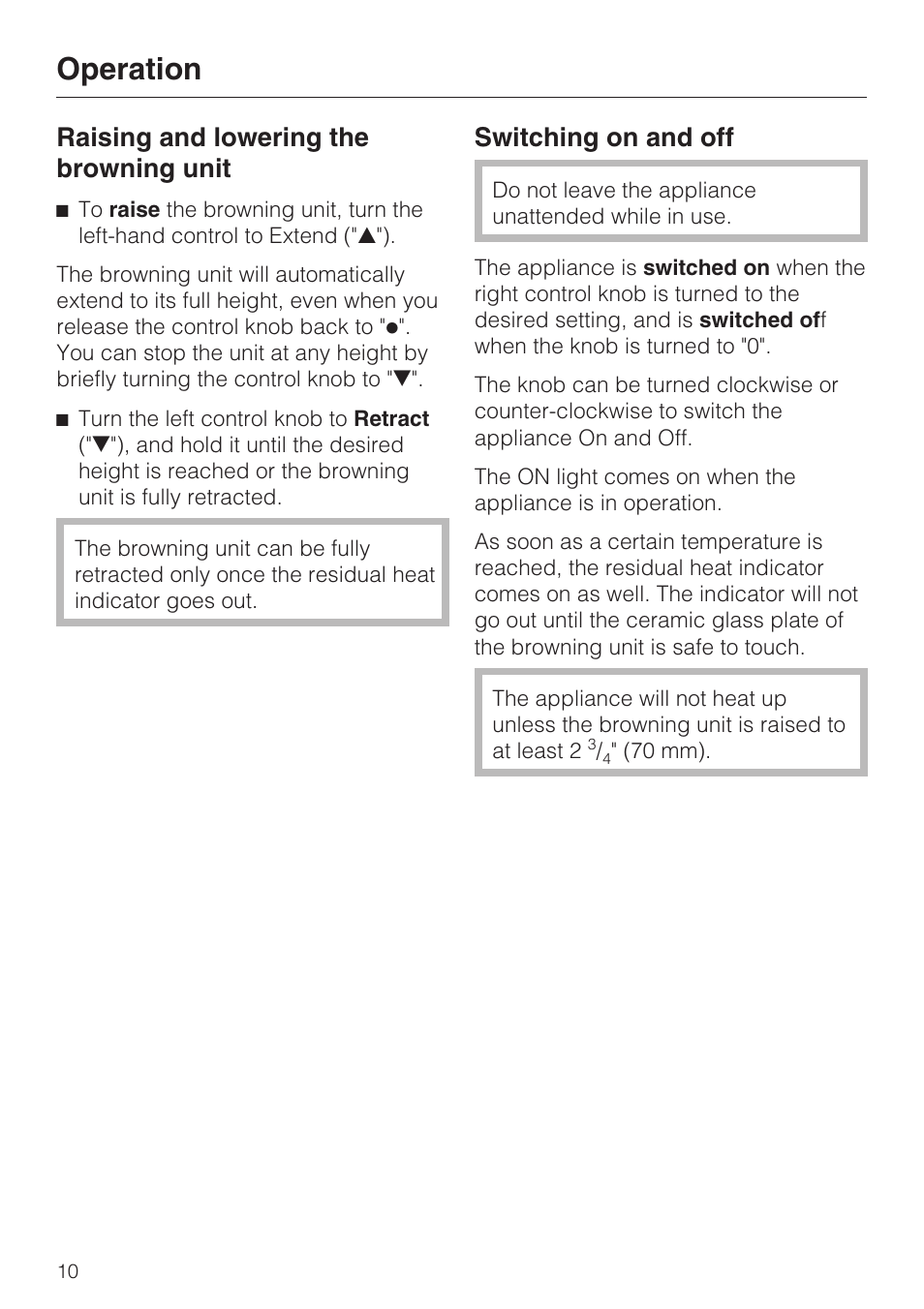 Operation 10, Raising and lowering the browning unit 10, Switching on and off 10 | Operation, Raising and lowering the browning unit, Switching on and off | Miele SALAMANDER GRILL CS 1421 User Manual | Page 10 / 32
