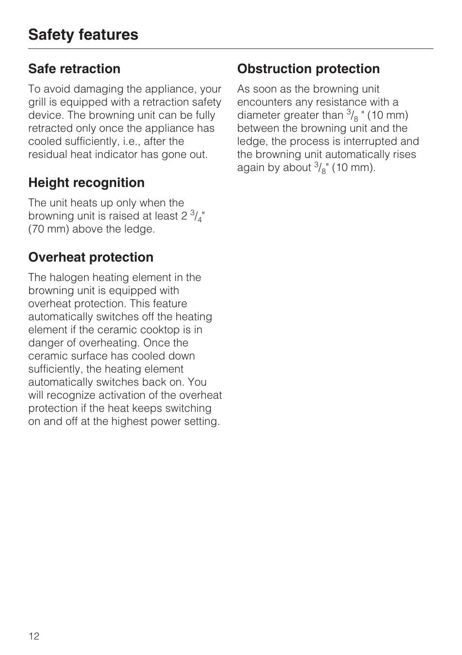 Safety features 12, Safe retraction 12, Height recognition 12 | Overheat protection 12, Obstruction protection 12, Safety features, Safe retraction, Height recognition, Overheat protection, Obstruction protection | Miele SALAMANDER GRILL CS 1421 User Manual | Page 12 / 32