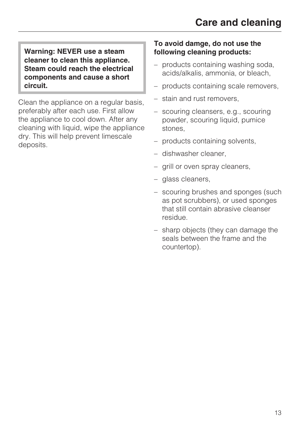 Care and cleaning 13, Care and cleaning | Miele SALAMANDER GRILL CS 1421 User Manual | Page 13 / 32