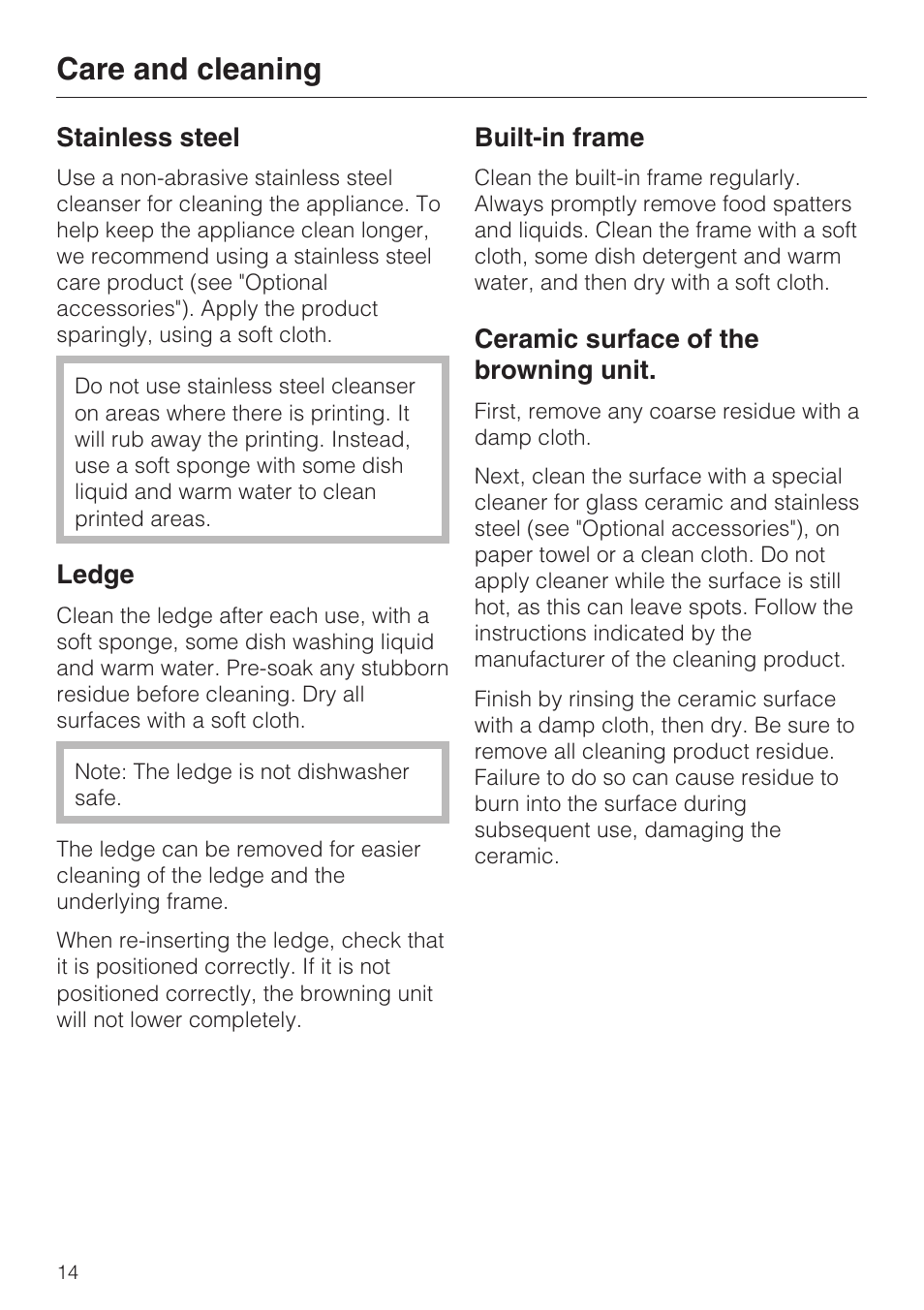 Stainless steel 14, Ledge 14, Built-in frame 14 | Ceramic surface of the browning unit. 14, Care and cleaning | Miele SALAMANDER GRILL CS 1421 User Manual | Page 14 / 32