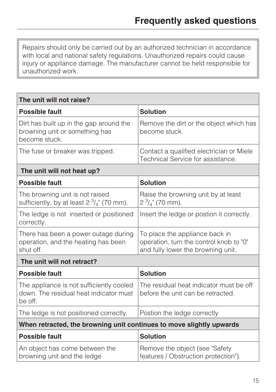 Frequently asked questions 15, Frequently asked questions | Miele SALAMANDER GRILL CS 1421 User Manual | Page 15 / 32