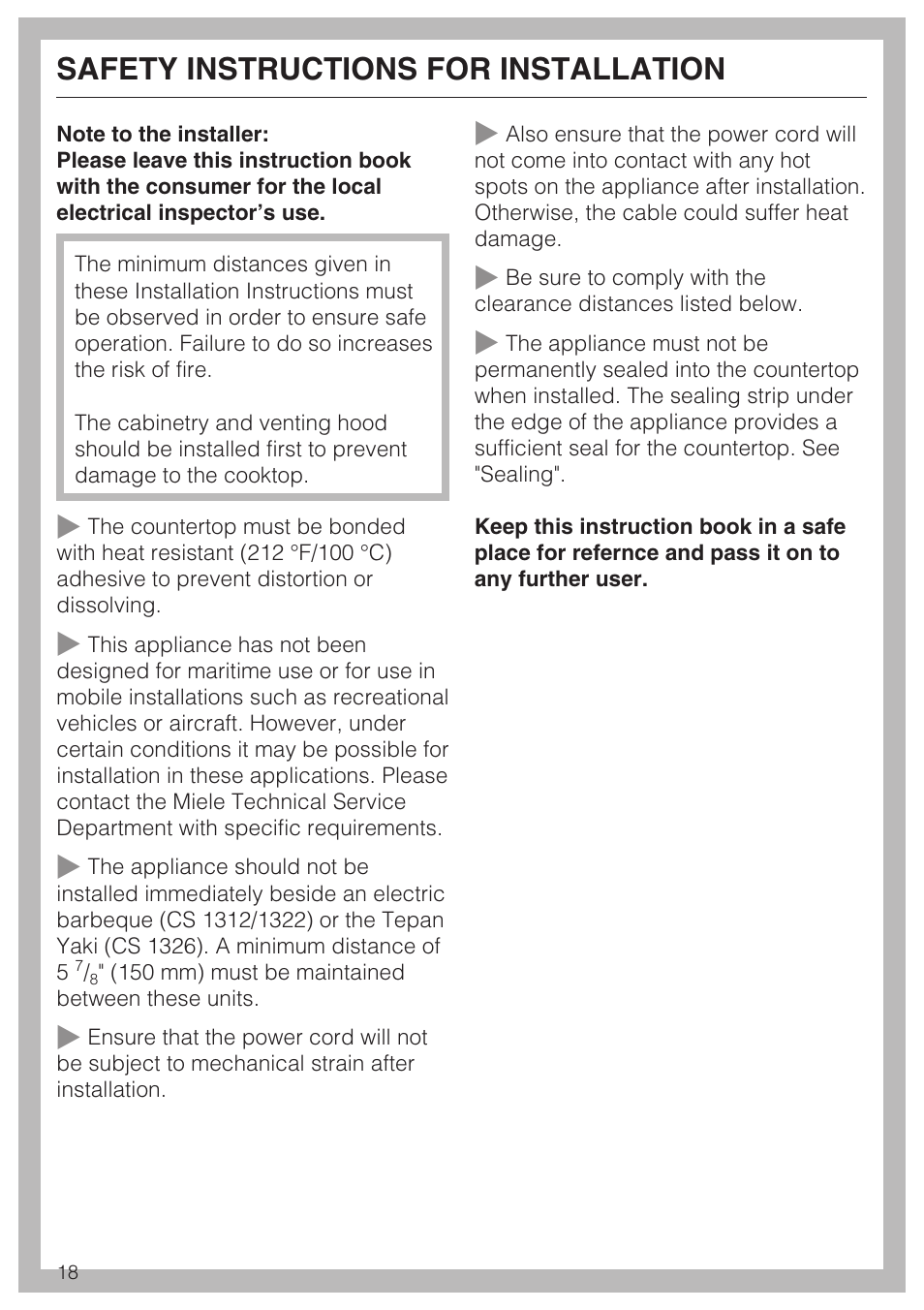 Safety instructions for installation 18, Safety instructions for installation | Miele SALAMANDER GRILL CS 1421 User Manual | Page 18 / 32