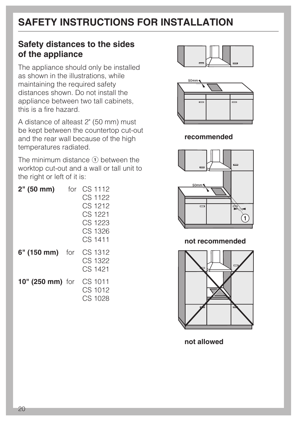 Safety instructions for installation, Safety distances to the sides of the appliance | Miele SALAMANDER GRILL CS 1421 User Manual | Page 20 / 32