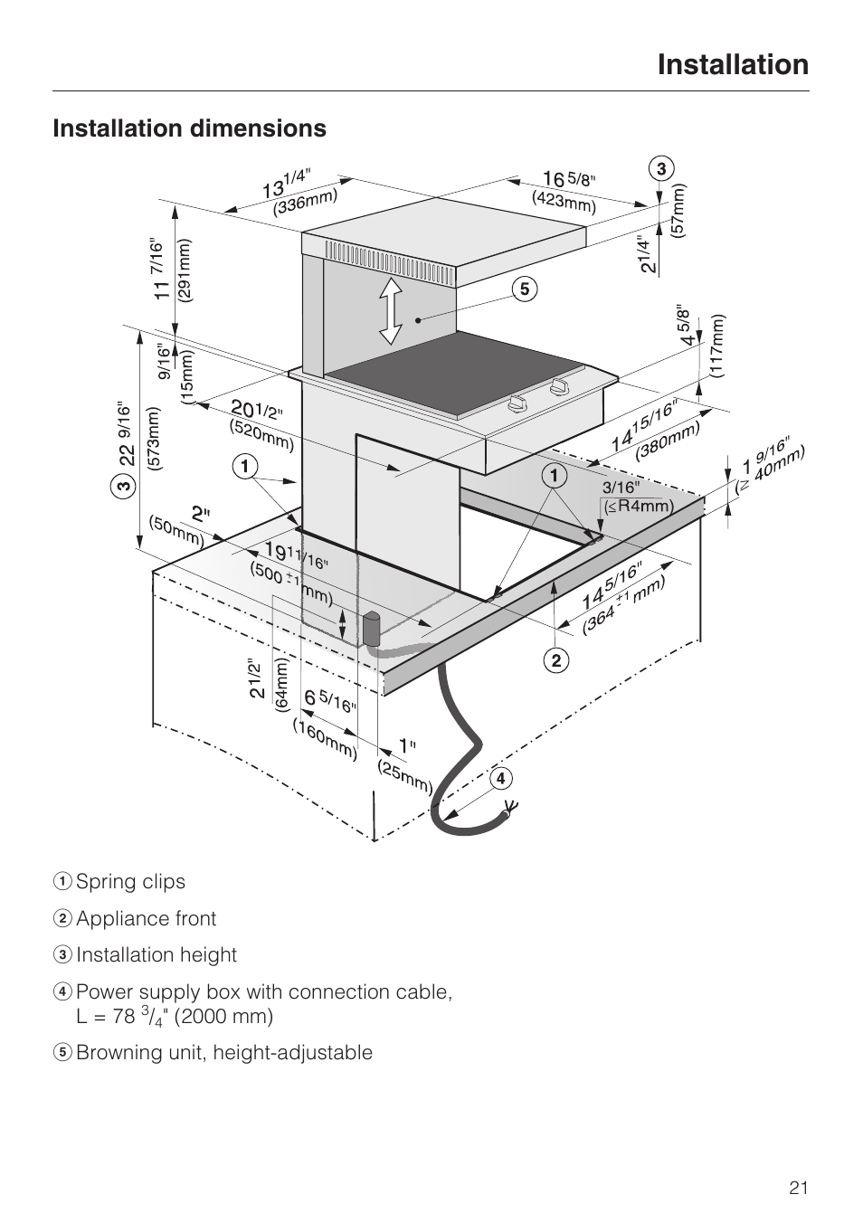 Installation 21, Installation dimensions 21, Installation | Installation dimensions | Miele SALAMANDER GRILL CS 1421 User Manual | Page 21 / 32