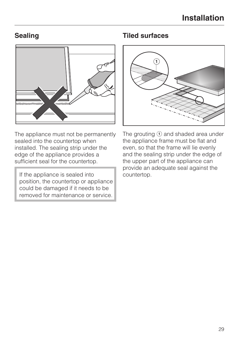 Sealing 29, Tiled surfaces 29, Installation | Miele SALAMANDER GRILL CS 1421 User Manual | Page 29 / 32