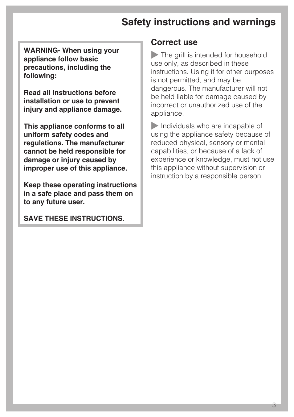 Safety instructions and warnings 3, Safety instructions and warnings | Miele SALAMANDER GRILL CS 1421 User Manual | Page 3 / 32