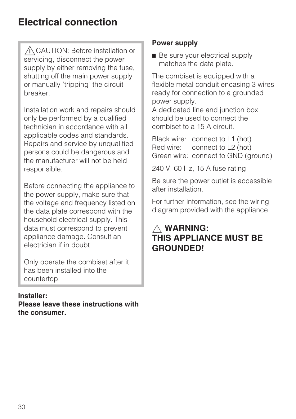 Electrical connection 30, Electrical connection, Warning: this appliance must be grounded | Miele SALAMANDER GRILL CS 1421 User Manual | Page 30 / 32