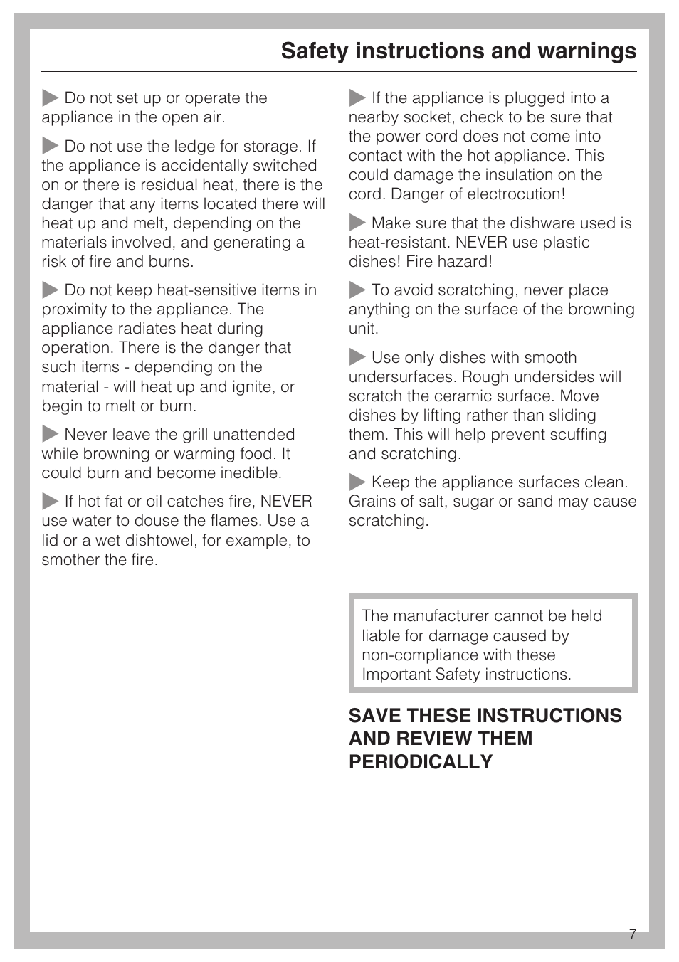 Safety instructions and warnings | Miele SALAMANDER GRILL CS 1421 User Manual | Page 7 / 32