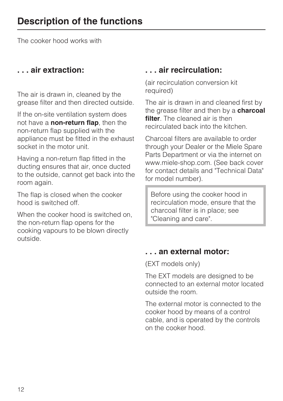 Description of the functions 12, Description of the functions, Air extraction | Air recirculation, An external motor | Miele DA 3190 EXT  EN User Manual | Page 12 / 40