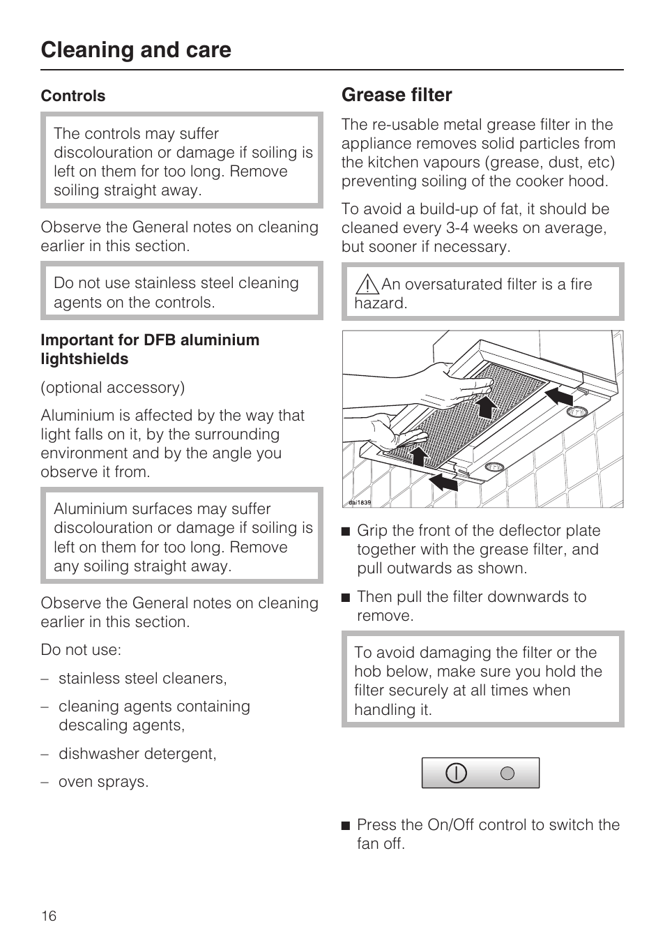 Grease filter 16, Cleaning and care, Grease filter | Miele DA 3190 EXT  EN User Manual | Page 16 / 40