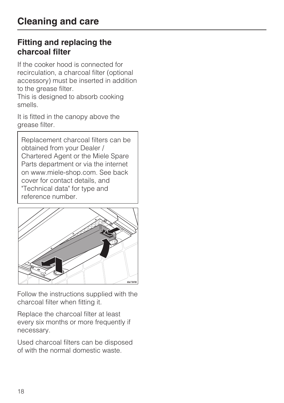 Fitting and replacing the charcoal filter 18, Cleaning and care, Fitting and replacing the charcoal filter | Miele DA 3190 EXT  EN User Manual | Page 18 / 40