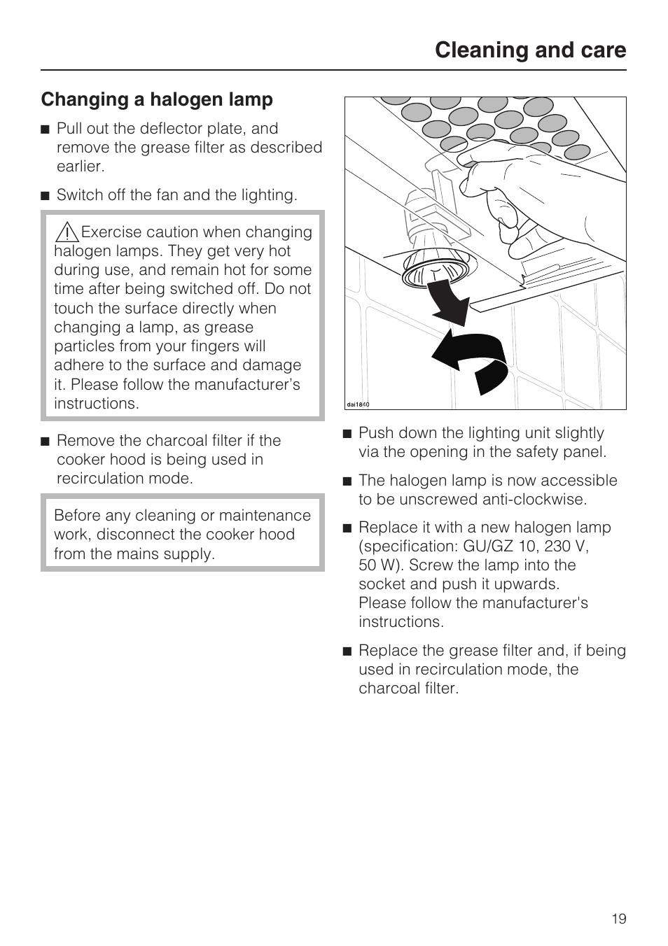 Changing a halogen lamp 19, Cleaning and care, Changing a halogen lamp | Miele DA 3190 EXT  EN User Manual | Page 19 / 40