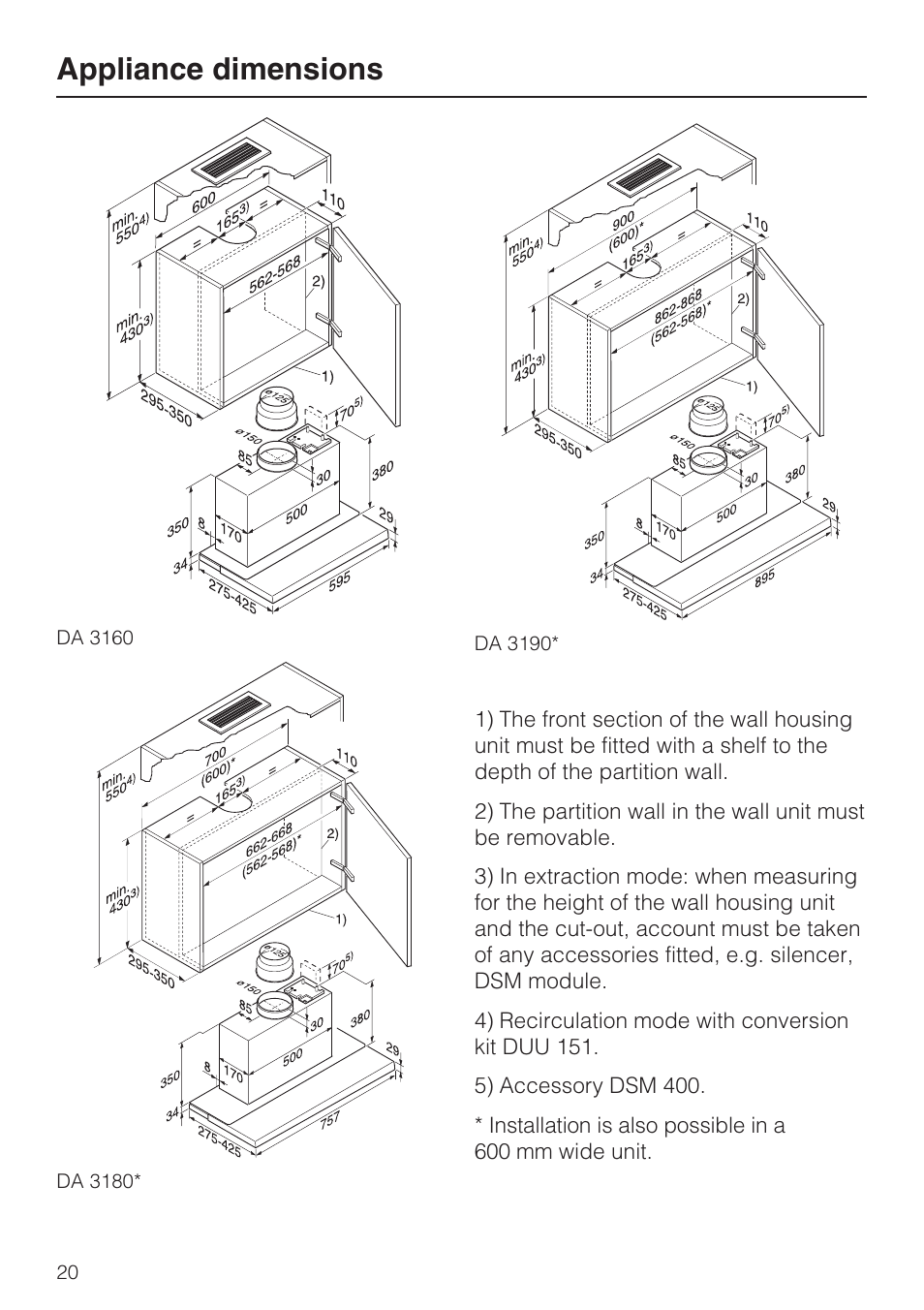 Appliance dimensions 20, Appliance dimensions | Miele DA 3190 EXT  EN User Manual | Page 20 / 40