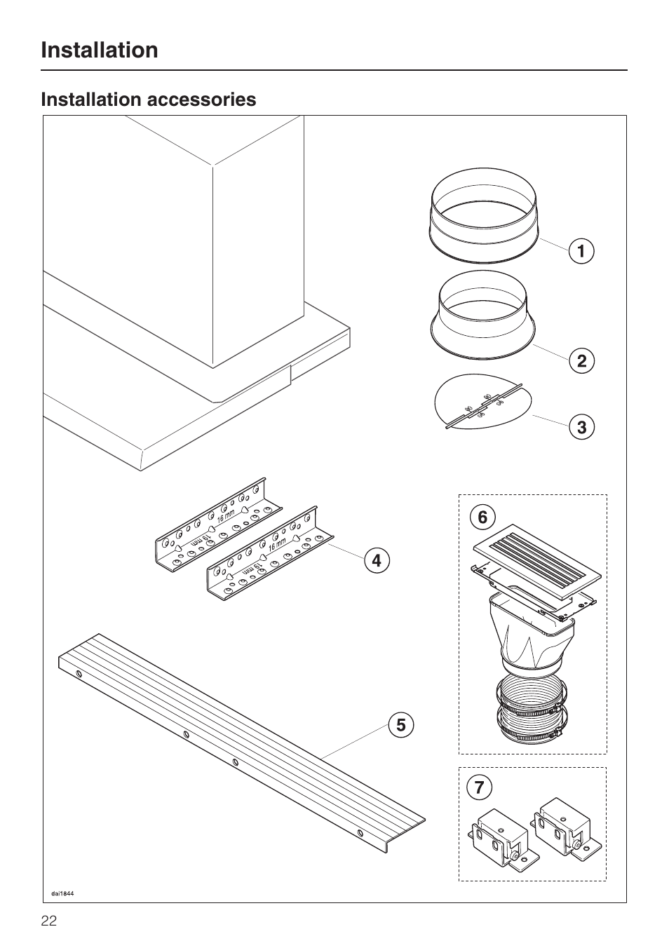 Installation 22, Installation accessories 22, Installation | Miele DA 3190 EXT  EN User Manual | Page 22 / 40