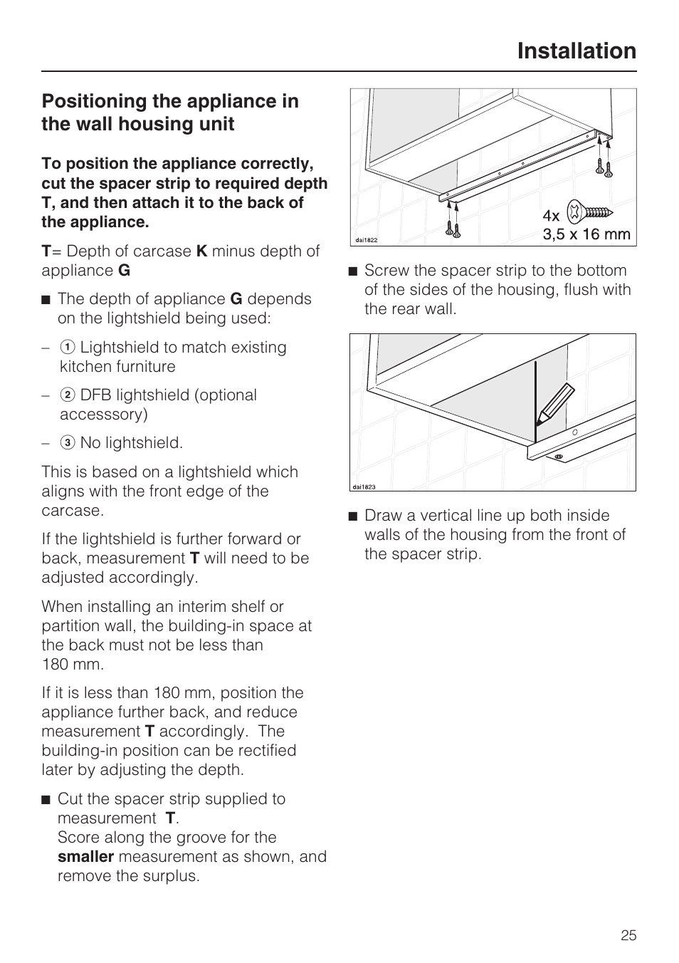Installation, Positioning the appliance in the wall housing unit | Miele DA 3190 EXT  EN User Manual | Page 25 / 40