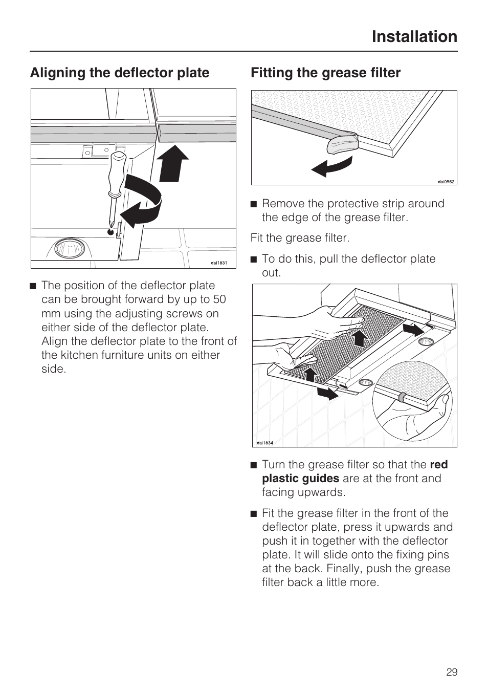 Aligning the deflector plate 29, Fitting the grease filter 29, Installation | Aligning the deflector plate, Fitting the grease filter | Miele DA 3190 EXT  EN User Manual | Page 29 / 40