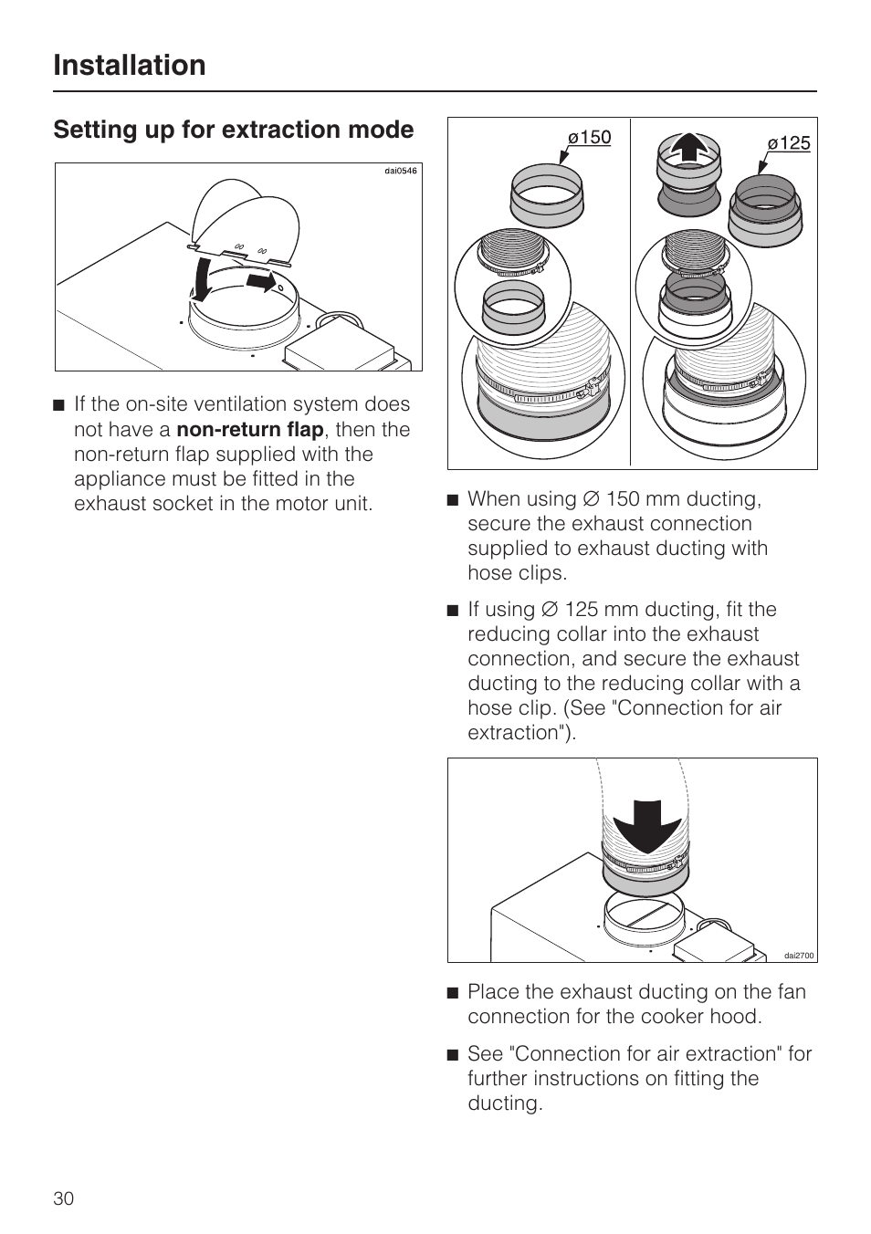 Setting up for extraction mode 30, Installation, Setting up for extraction mode | Miele DA 3190 EXT  EN User Manual | Page 30 / 40