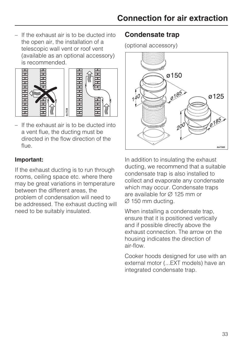 Condensate trap 33, Connection for air extraction, Condensate trap | Miele DA 3190 EXT  EN User Manual | Page 33 / 40