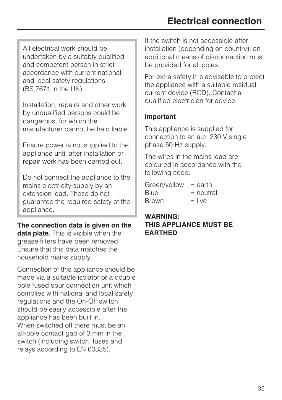 Electrical connection 35, Electrical connection | Miele DA 3190 EXT  EN User Manual | Page 35 / 40