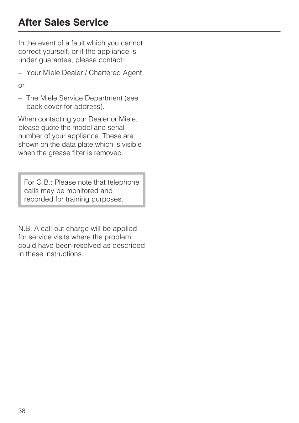 After sales service 38, After sales service | Miele DA 3190 EXT  EN User Manual | Page 38 / 40
