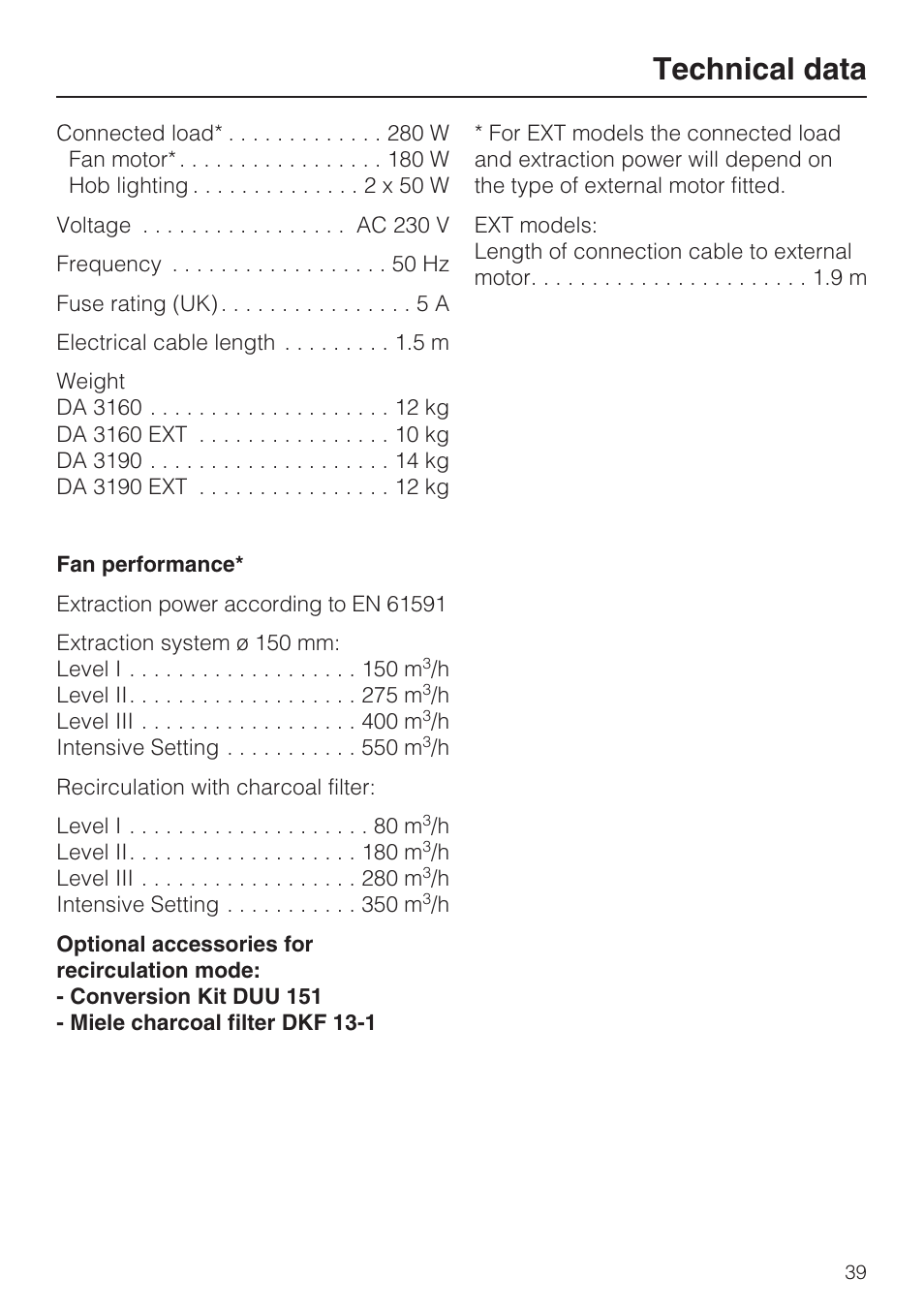 Technical data 39, Technical data | Miele DA 3190 EXT  EN User Manual | Page 39 / 40