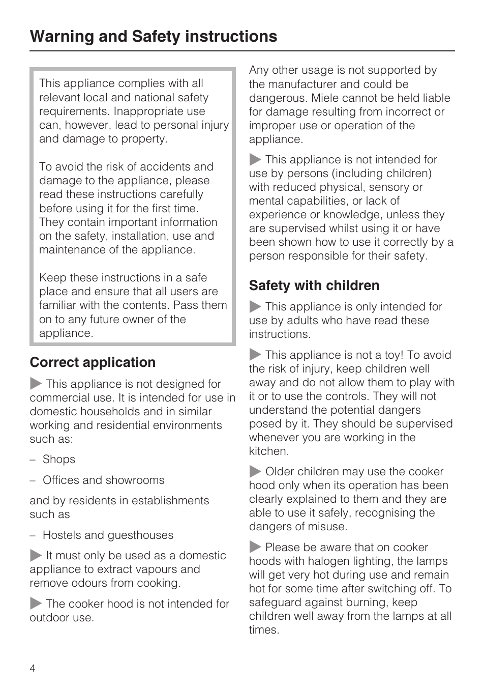 Warning and safety instructions 4, Warning and safety instructions | Miele DA 3190 EXT  EN User Manual | Page 4 / 40
