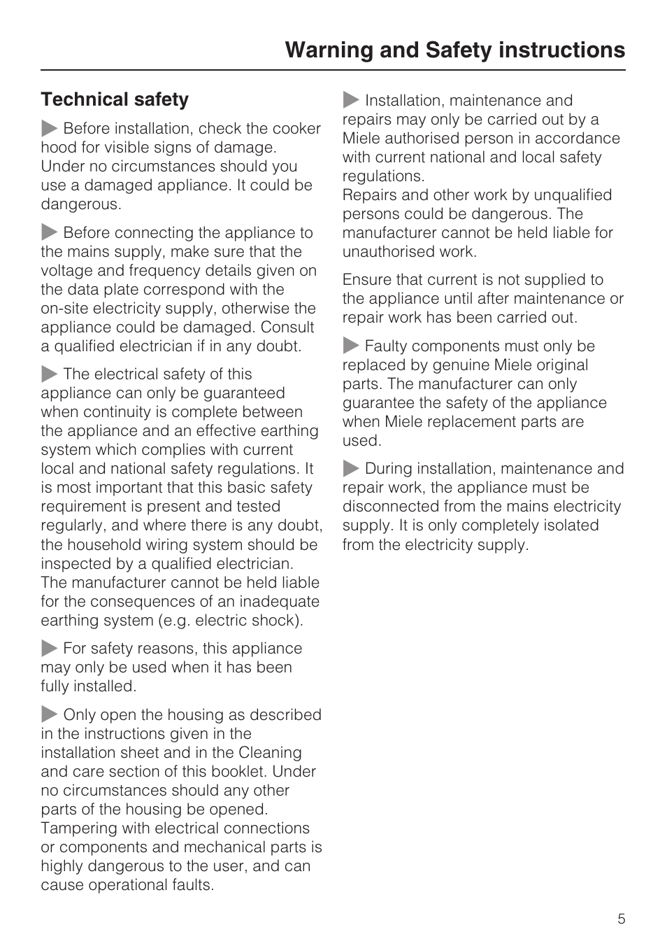 Warning and safety instructions | Miele DA 3190 EXT  EN User Manual | Page 5 / 40
