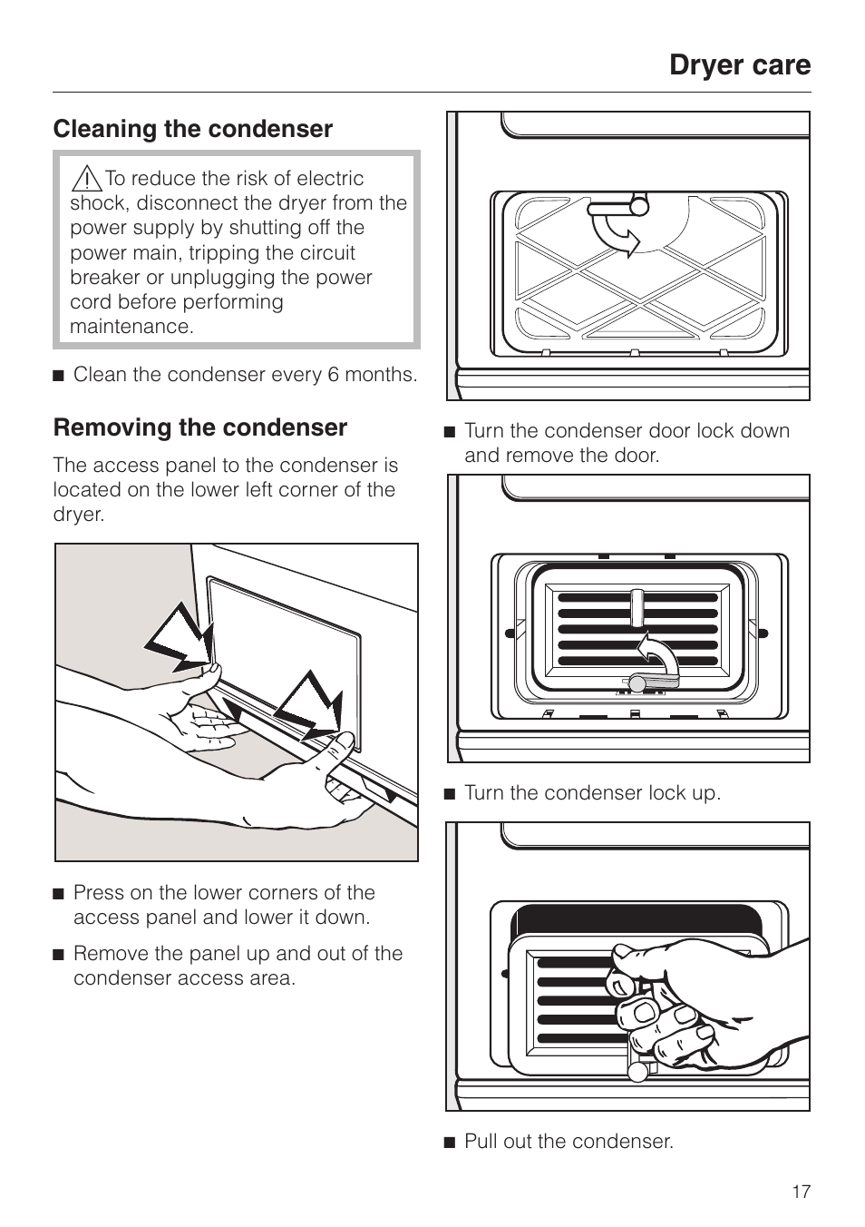 Dryer care 17, Cleaning the condenser 17, Dryer care | Cleaning the condenser, Removing the condenser | Miele T1322C User Manual | Page 21 / 36
