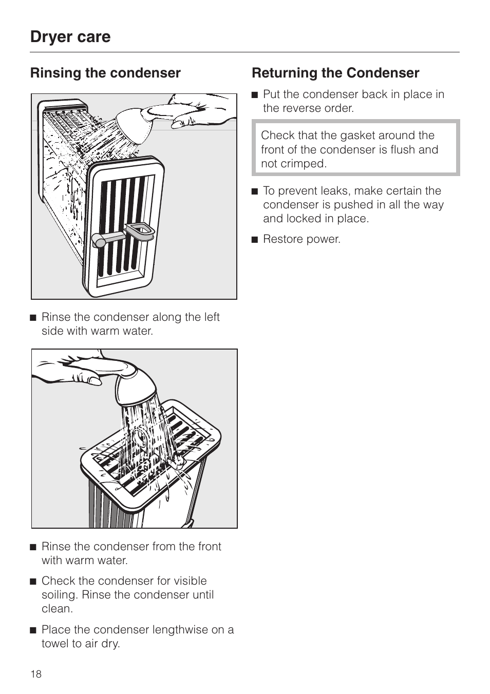 Dryer care, Rinsing the condenser, Returning the condenser | Miele T1322C User Manual | Page 22 / 36