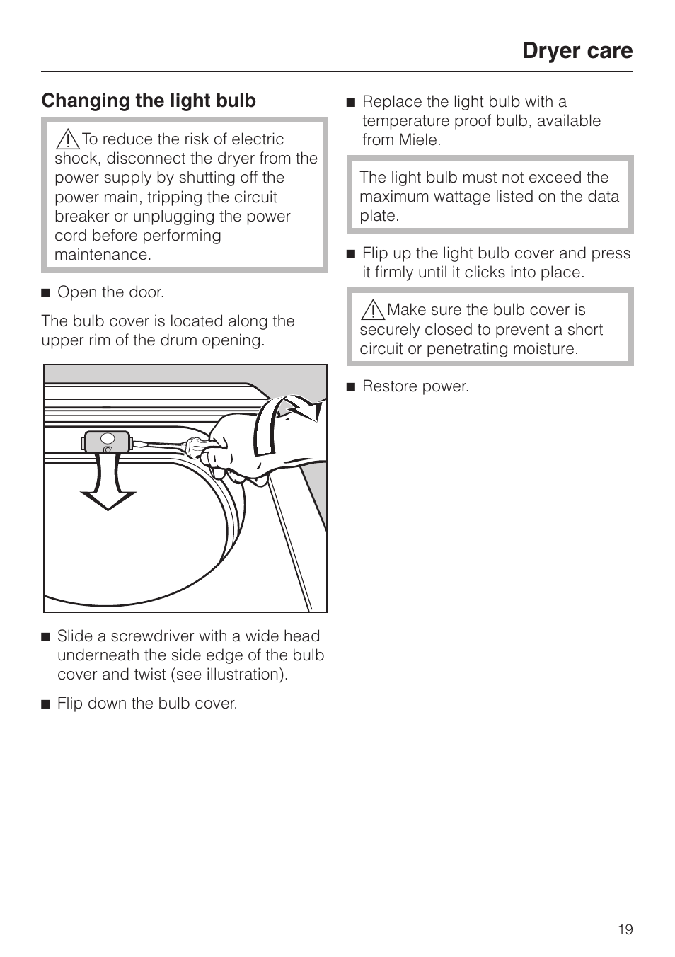 Changing the light bulb 19, Changing the light bulb, Dryer care | Miele T1322C User Manual | Page 23 / 36