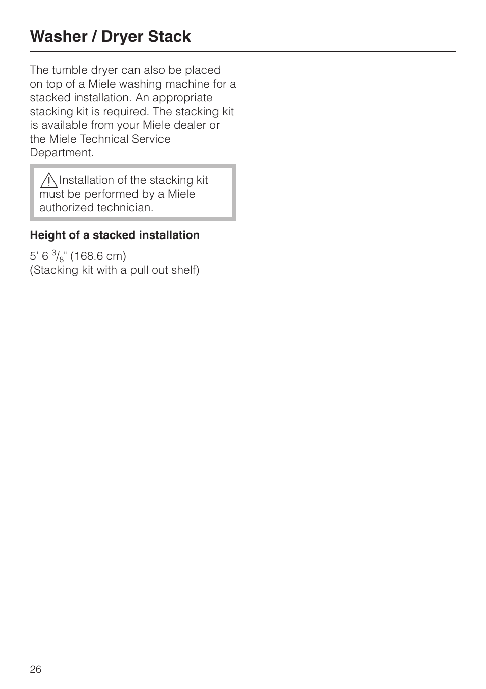 Washer / dryer stack 26, Washer / dryer stack | Miele T1322C User Manual | Page 30 / 36