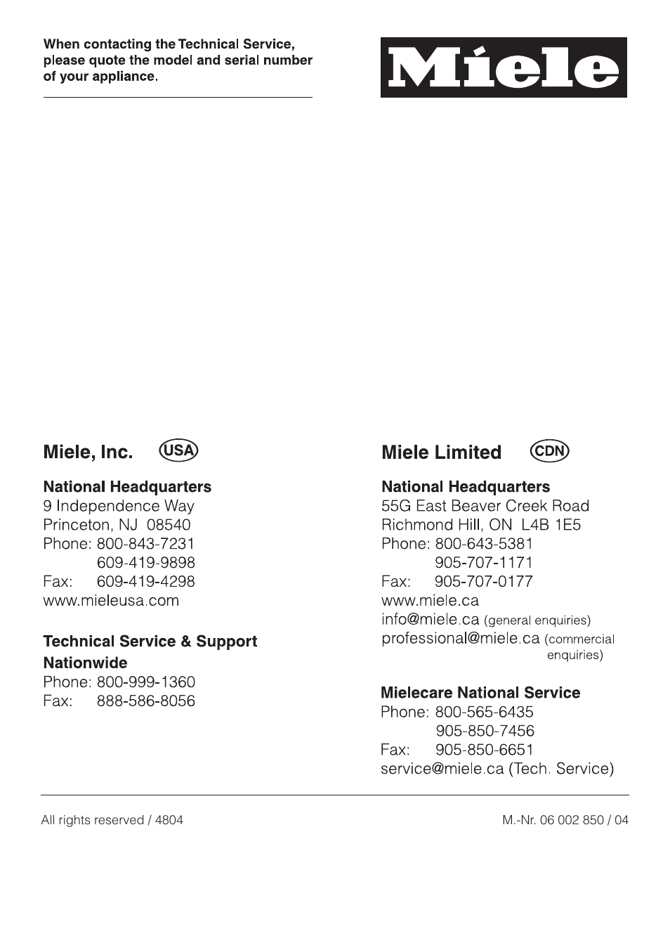 Miele T1322C User Manual | Page 36 / 36