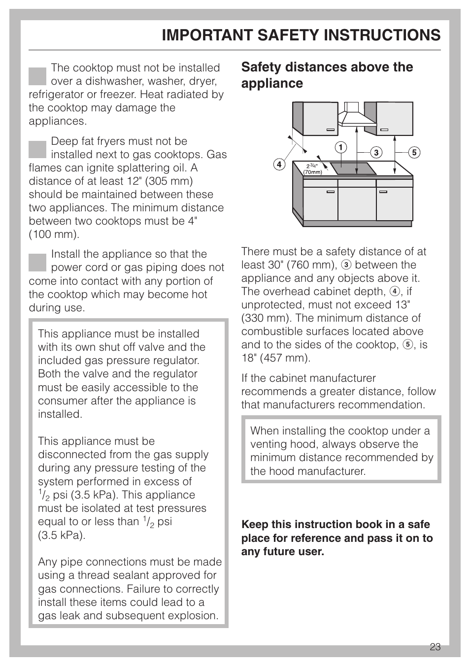 Important safety instructions, Safety distances above the appliance | Miele KM 3485 User Manual | Page 23 / 40