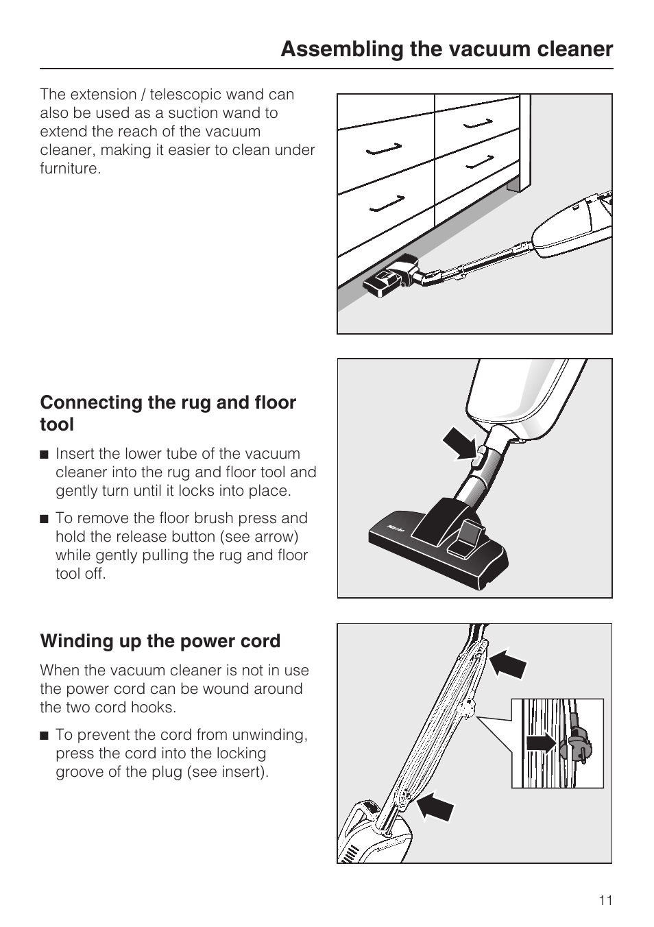 Connecting the rug and floor tool 11, Winding up the power cord 11, Assembling the vacuum cleaner | Connecting the rug and floor tool, Winding up the power cord | Miele S160 User Manual | Page 11 / 40