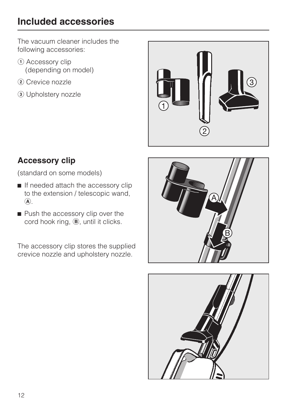 Included accessories 12, Accessory clip 12, Included accessories | Accessory clip | Miele S160 User Manual | Page 12 / 40