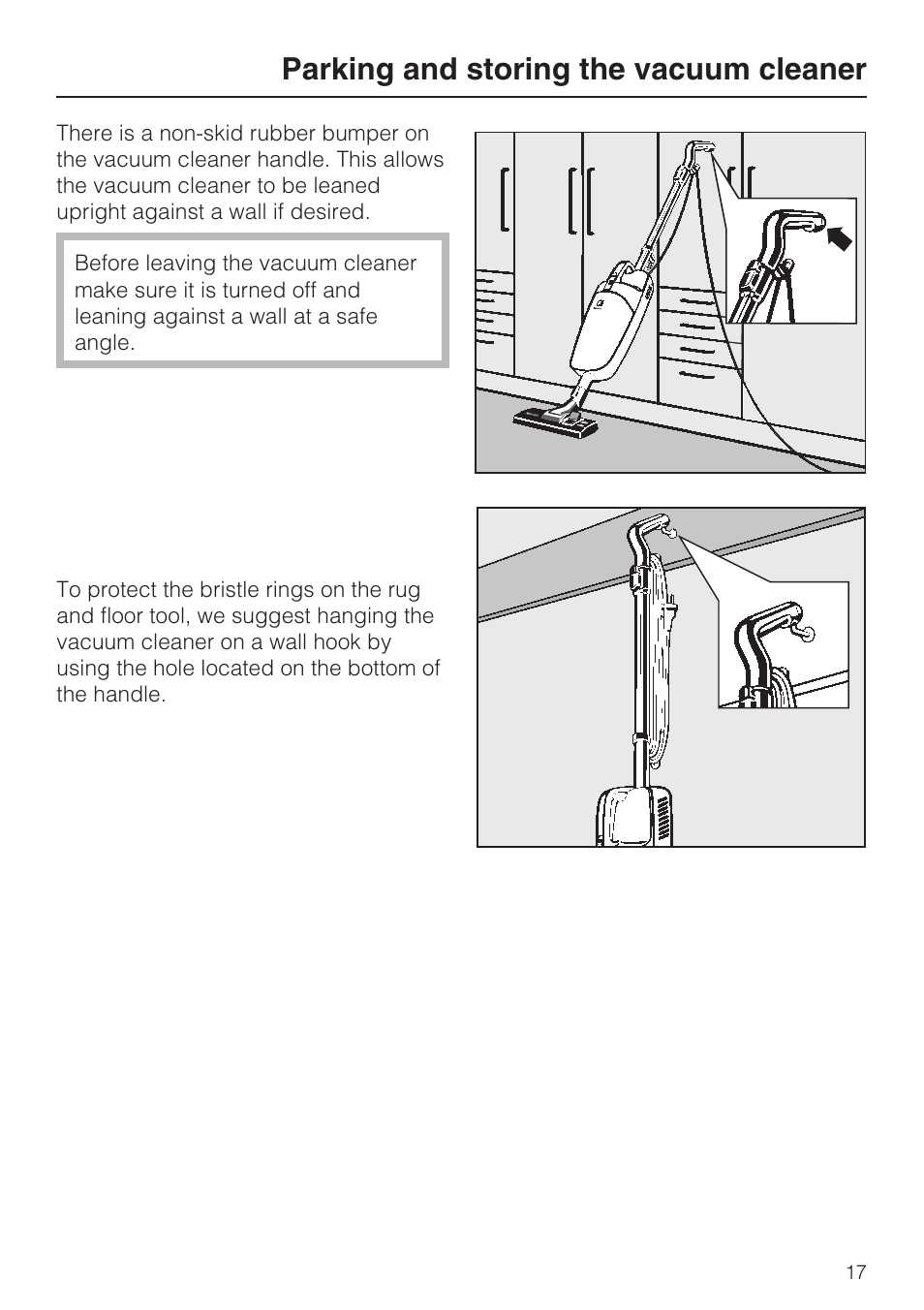 Parking and storing the vacuum cleaner 17, Parking and storing the vacuum cleaner | Miele S160 User Manual | Page 17 / 40