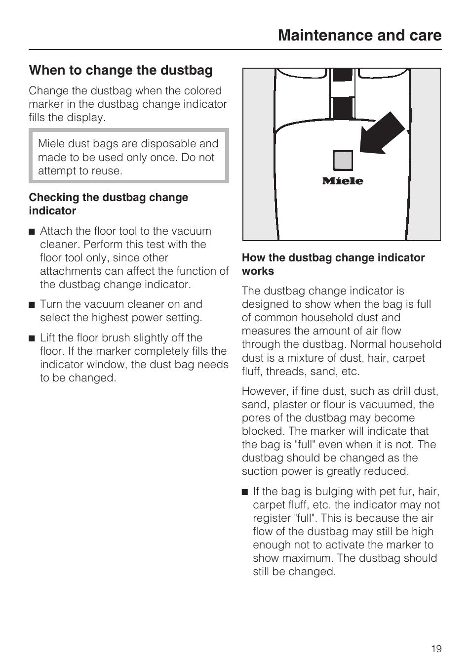 When to change the dustbag 19, Maintenance and care, When to change the dustbag | Miele S160 User Manual | Page 19 / 40